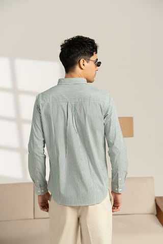 MinusOne Men’s Green Striped Cotton Shirt – Regular Fit, Full Sleeves