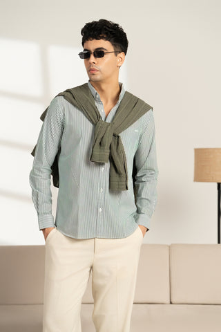 MinusOne Men’s Green Striped Cotton Shirt – Regular Fit, Full Sleeves