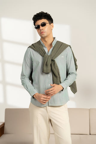 MinusOne Men’s Green Striped Cotton Shirt – Regular Fit, Full Sleeves