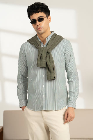 MinusOne Men’s Green Striped Cotton Shirt – Regular Fit, Full Sleeves