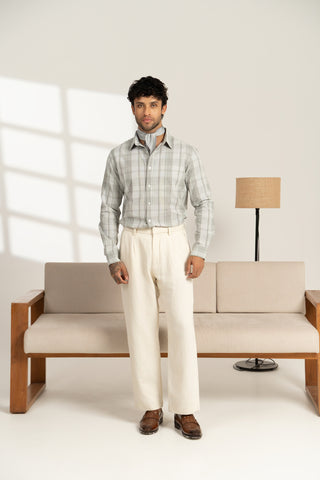MinusOne Men’s Grey Checkered Cotton Shirt – Regular Fit, Full Sleeves