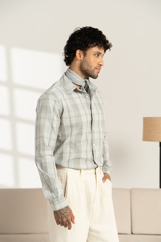 MinusOne Men’s Grey Checkered Cotton Shirt – Regular Fit, Full Sleeves