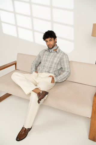MinusOne Men’s Grey Checkered Cotton Shirt – Regular Fit, Full Sleeves