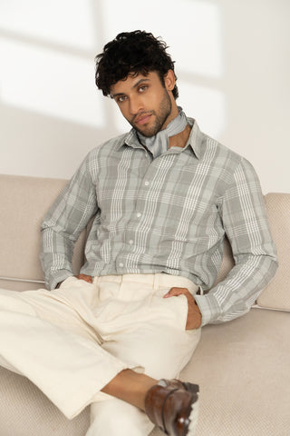 MinusOne Men’s Grey Checkered Cotton Shirt – Regular Fit, Full Sleeves