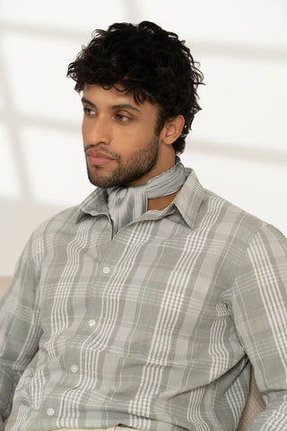 MinusOne Men’s Grey Checkered Cotton Shirt – Regular Fit, Full Sleeves