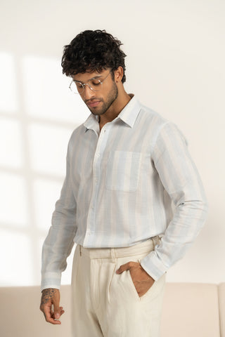 MinusOne Men’s Light Blue Striped Cotton Shirt – Regular Fit, Full Sleeves