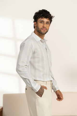 MinusOne Men’s Light Blue Striped Cotton Shirt – Regular Fit, Full Sleeves
