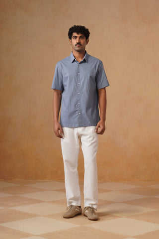 Blue Printed Cotton Stretch Shirt – Regular Fit, Half Sleeves