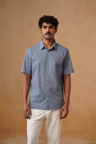 Blue Printed Cotton Stretch Shirt – Regular Fit, Half Sleeves