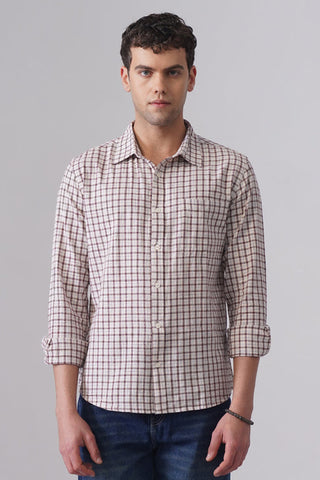 Beige & Maroon Checkered Cotton Shirt – Regular Fit, Full Sleeves