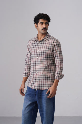 Beige & Grey Checked Cotton Stretch Shirt – Regular Fit, Full Sleeves