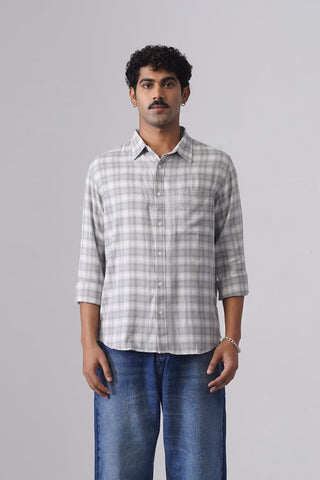 Light Grey Checkered Cotton Blend Shirt – Regular Fit, Full Sleeves