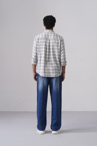 Light Grey Checkered Cotton Blend Shirt – Regular Fit, Full Sleeves