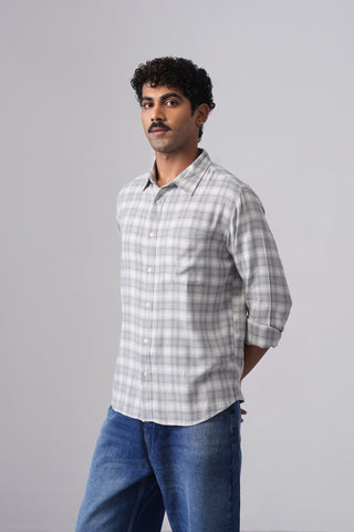 Light Grey Checkered Cotton Blend Shirt – Regular Fit, Full Sleeves
