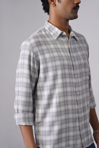 Light Grey Checkered Cotton Blend Shirt – Regular Fit, Full Sleeves