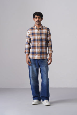 Brown Checkered Cotton Shirt – Regular Fit, Full Sleeves