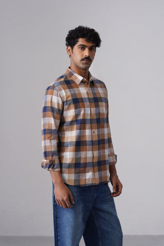 Brown Checkered Cotton Shirt – Regular Fit, Full Sleeves