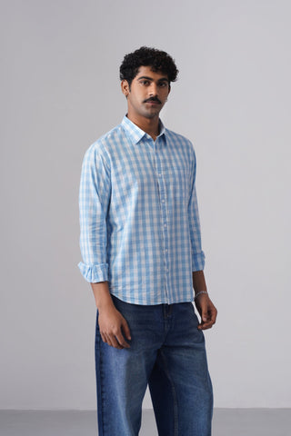 Blue Checkered Cotton Shirt – Regular Fit, Full Sleeves