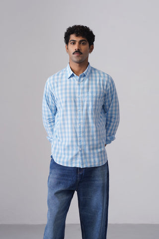 Blue Checkered Cotton Shirt – Regular Fit, Full Sleeves