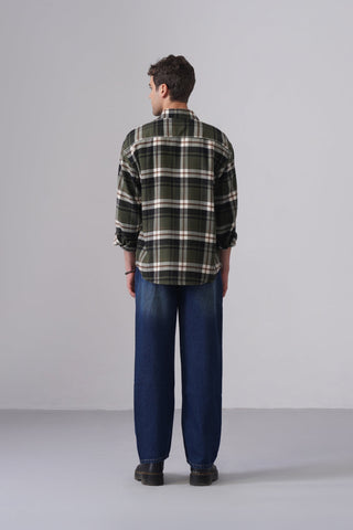 Green Checkered Brushed Cotton Shirt – Loose Fit, Full Sleeves