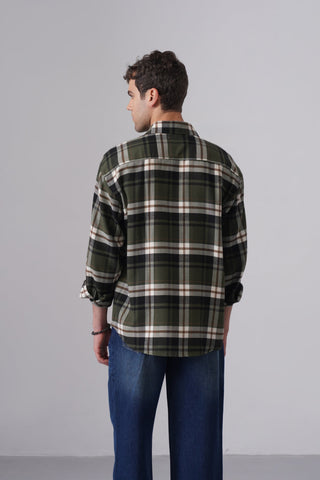 Green Checkered Brushed Cotton Shirt – Loose Fit, Full Sleeves