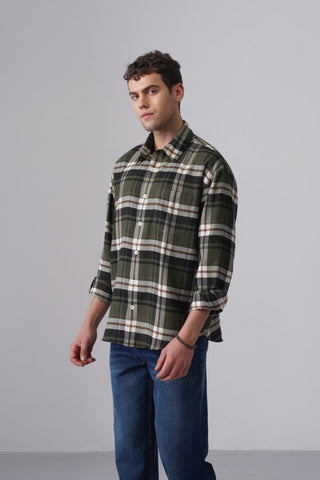 Green Checkered Brushed Cotton Shirt – Loose Fit, Full Sleeves