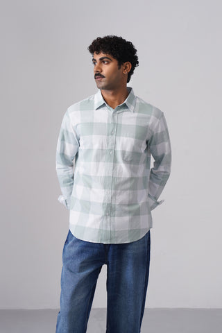 Light Blue Checkered Cotton Shirt – Regular Fit, Full Sleeves