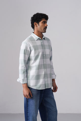 Light Blue Checkered Cotton Shirt – Regular Fit, Full Sleeves