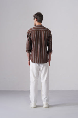 Brown Striped Cotton Shirt – Regular Fit, Full Sleeves