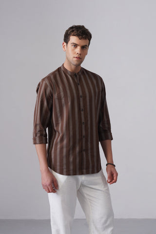 Brown Striped Cotton Shirt – Regular Fit, Full Sleeves