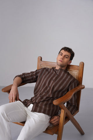Brown Striped Cotton Shirt – Regular Fit, Full Sleeves