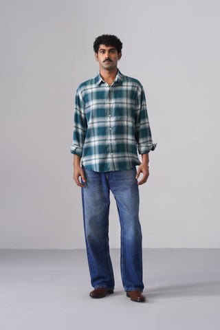 Green Checkered Cotton Shirt – Loose Fit, Full Sleeves