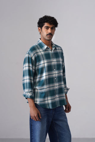 Green Checkered Cotton Shirt – Loose Fit, Full Sleeves