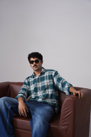 Green Checkered Cotton Shirt – Loose Fit, Full Sleeves