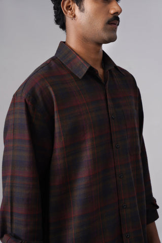 Maroon & Blue Checkered Cotton Shirt – Loose Fit, Full Sleeves