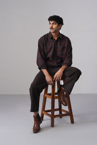 Maroon & Blue Checkered Cotton Shirt – Loose Fit, Full Sleeves