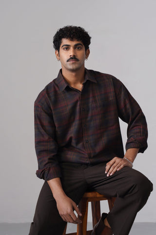Maroon & Blue Checkered Cotton Shirt – Loose Fit, Full Sleeves