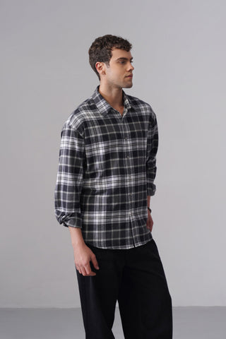 Grey Checkered Brushed Cotton Shirt – Loose Fit, Full Sleeves