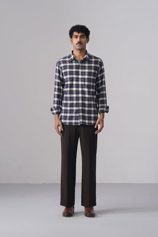 Navy Checkered Cotton Shirt – Regular Fit, Full Sleeves