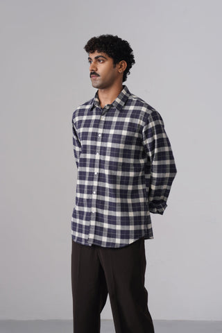 Navy Checkered Cotton Shirt – Regular Fit, Full Sleeves