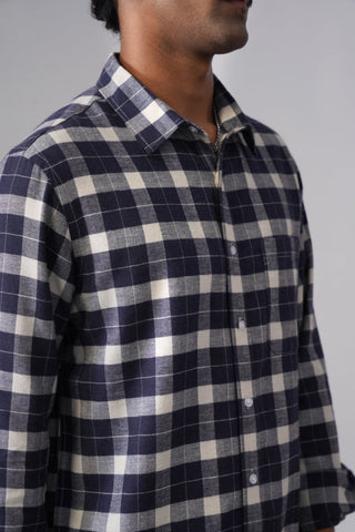 Navy Checkered Cotton Shirt – Regular Fit, Full Sleeves