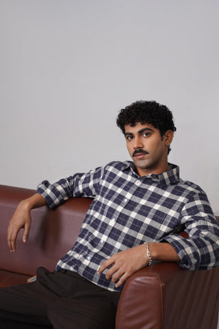Navy Checkered Cotton Shirt – Regular Fit, Full Sleeves