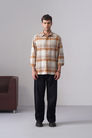 Mustard Checkered Cotton Shirt – Loose Fit, Full Sleeves