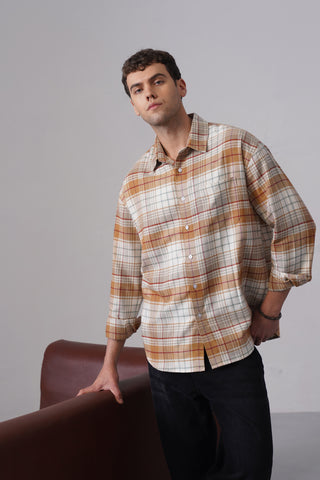 Mustard Checkered Cotton Shirt – Loose Fit, Full Sleeves