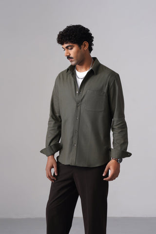 Olive Brushed Cotton Shirt – Regular Fit, Full Sleeves