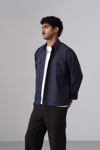 Dark Blue Textured Double Pocket Cotton Shacket