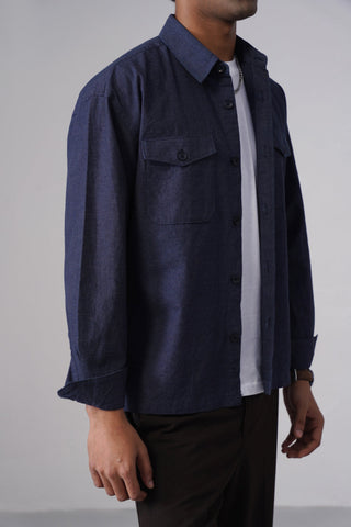Dark Blue Textured Double Pocket Cotton Shacket
