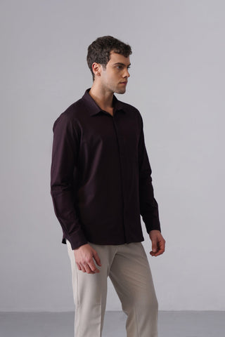 Wine Brushed Cotton Shirt – Regular Fit, Full Sleeves