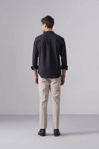 Dark Grey Oxford Cotton Mandarin Collar Shirt – Regular Fit, Full Sleeves