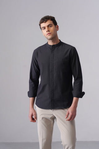 Dark Grey Oxford Cotton Mandarin Collar Shirt – Regular Fit, Full Sleeves